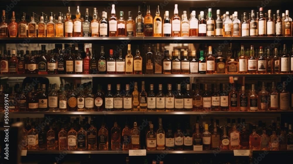  Liquor Store Display with Variety of Hard Liquor Brands AI generated - obrazy, fototapety, plakaty 
