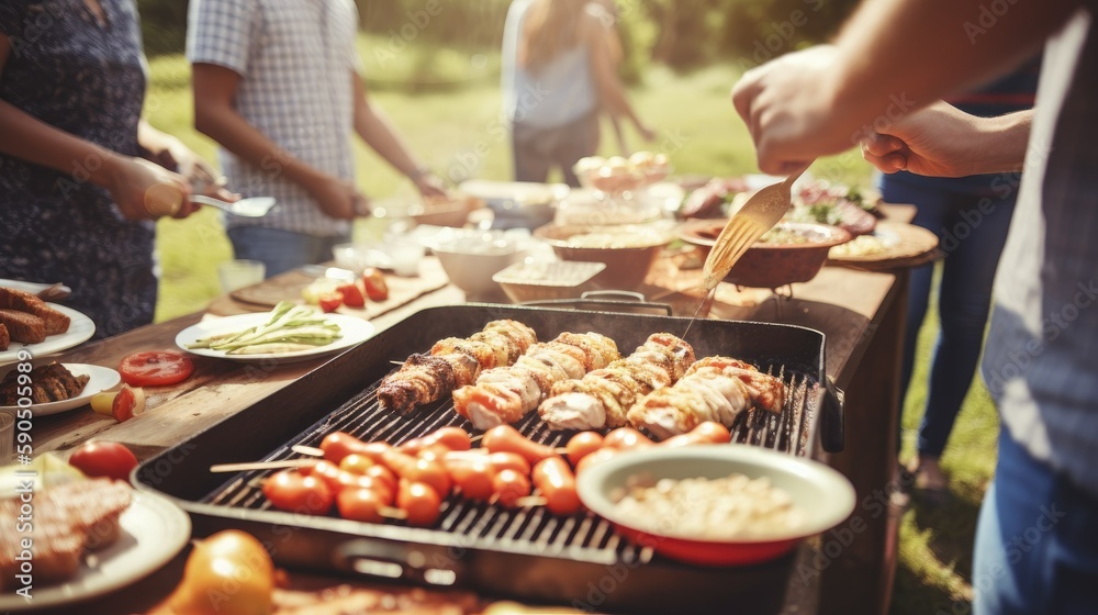 Outdoor Friends Party with Barbecue Grill Focus AI generated