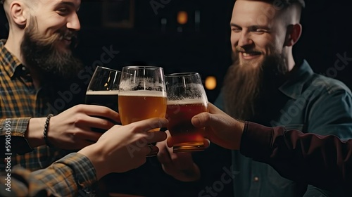 Male Friends Clinking Glasses and Enjoying Beer at a Bar AI generated