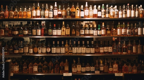  Liquor Store Display with Variety of Hard Liquor Brands AI generated