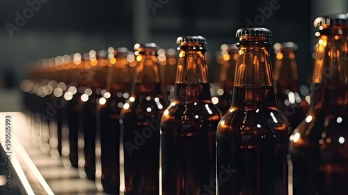 Closeup of Brown Glass Beer Bottles on a Brewery Conveyor AI generated