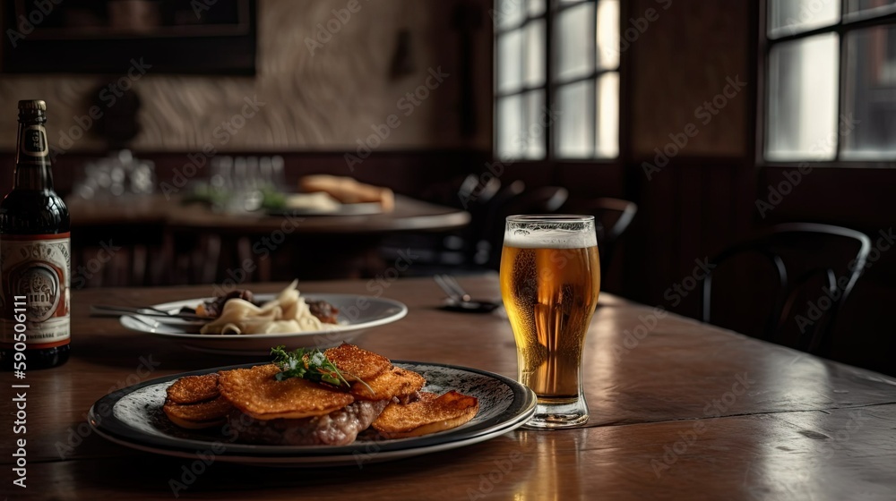 Food and Beer on Table in Restaurant AI generated