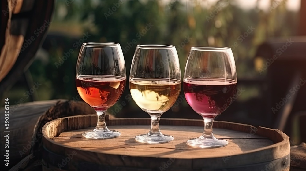 Three Glasses with White, Rose, and Red Wine on Wooden Barrel in Vineyard AI generated