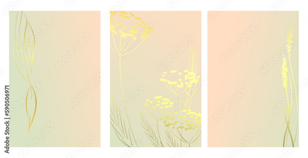 A set of backgrounds with simple botanical images. Golden pattern on a pastel light background