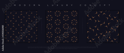 Modern luxury seamless pattern set. Premium abstract background design for elegant design elements. Minimalist exclusive dark blue wallpaper with gold geometric shapes; circles, lines, stripes. Vector