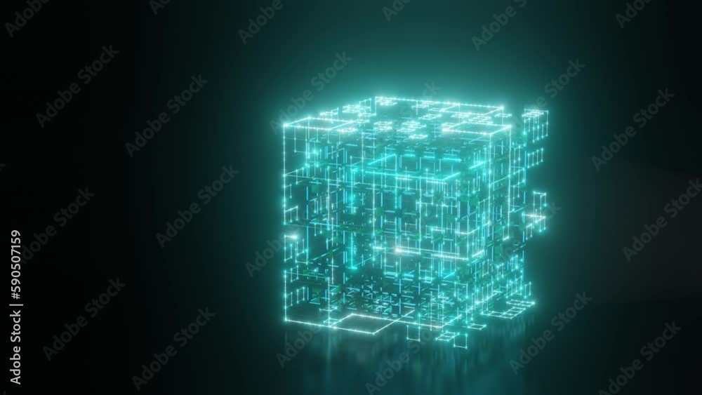 Loop 3d animation of a neon cube from a set of dots and lines. A tesseract cube above a reflective black surface. Fantastic abstract composition. Geometry in art.