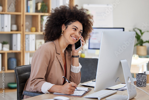 Phone call, computer and woman writing, talking and business networking, online advice or happy virtual help in office. Professional biracial person in conversation, planning and thinking on computer photo