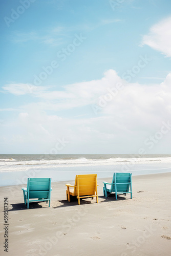 ai generated illustration of three beach chairs on the sand