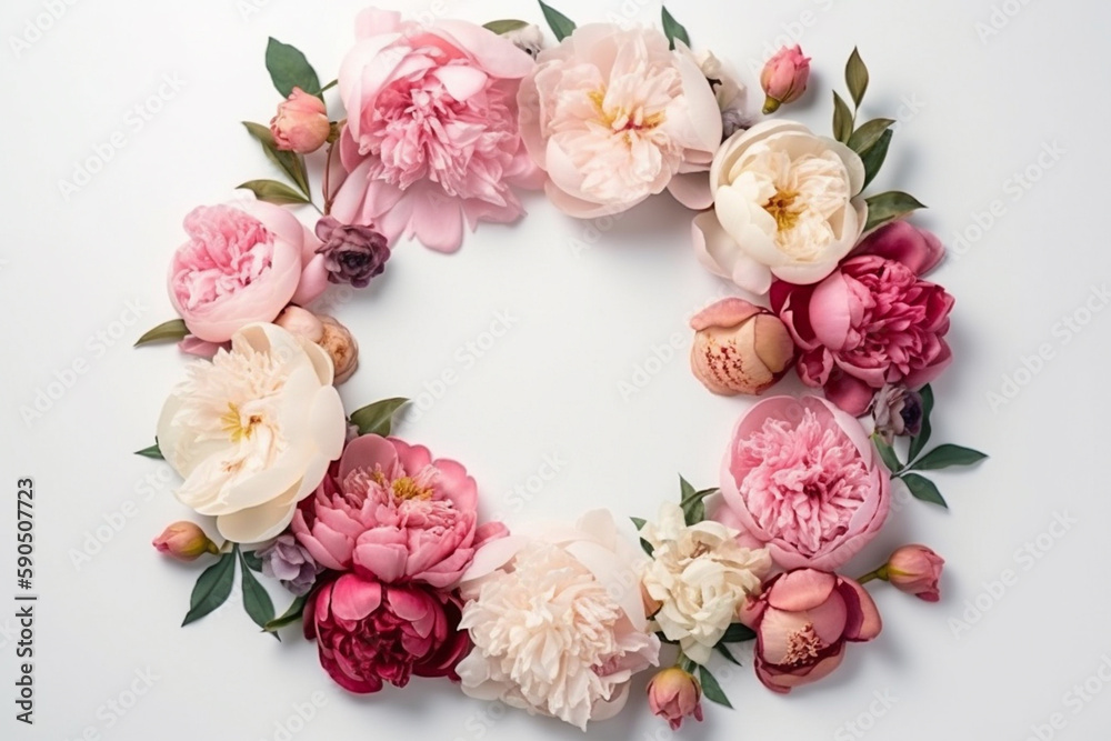 Wreath made of flowers. Floral round frame, wreath made of peonies flower buds and green leaves, botanical design, flat lay, top view, free space for text. AI generated image Wreath made of flowers. Floral round frame, wreath made of peonies flower buds and green leaves, botanical design, flat lay, top view, free space for text. AI generated image