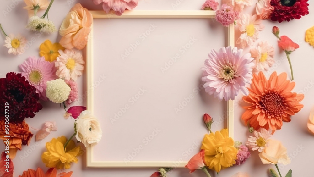 A frame decorated with flowers, blank space for text. Flat lay, top view. Floral frame, frame of flowers. Floral background. Wedding invitation, greeting card mockup. AI generated A frame decorated with flowers, blank space for text. Flat lay, top view. Floral frame, frame of flowers. Floral background. Wedding invitation, greeting card mockup. AI generated