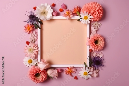 A frame decorated with flowers, blank space for text. Flat lay, top view. Floral frame, frame of flowers. Floral background. Wedding invitation, greeting card mockup. AI generated