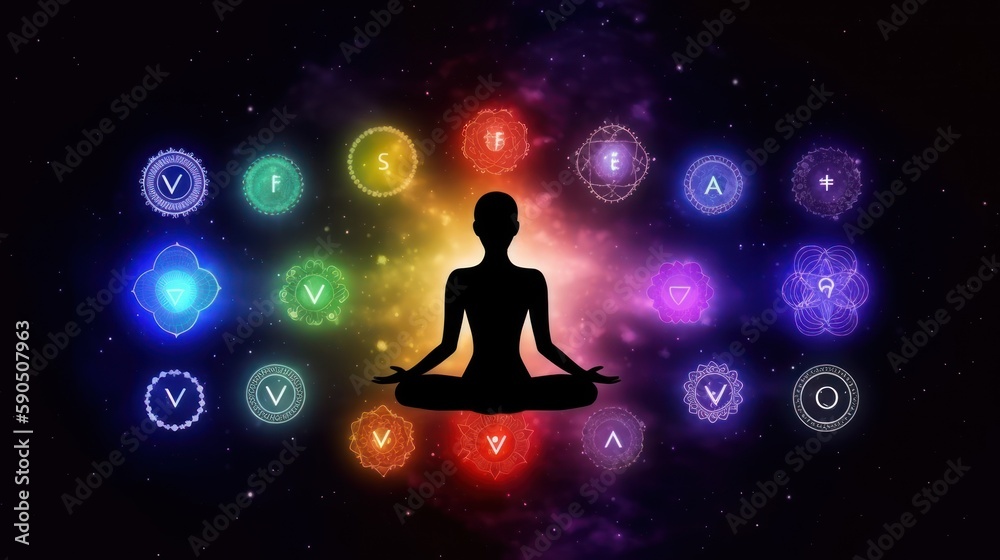 Meditating human silhouette in yoga pose. Galaxy universe background. Colorful chakras and aura glow. Meditation on outer space background with glowing chakras. Esoteric.