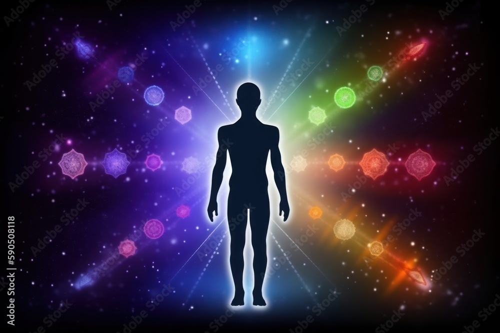 Meditating human silhouette in yoga pose. Galaxy universe background. Colorful chakras and aura glow. Meditation on outer space background with glowing chakras. Esoteric.