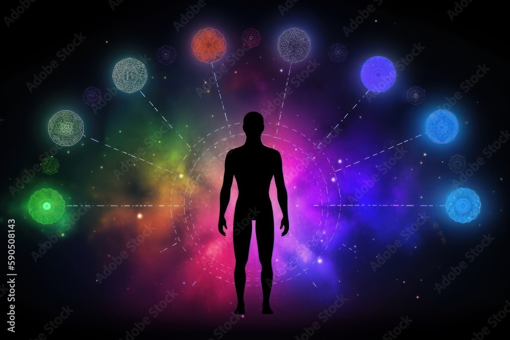 Fototapeta premium Meditating human silhouette in yoga pose. Galaxy universe background. Colorful chakras and aura glow. Meditation on outer space background with glowing chakras. Esoteric.