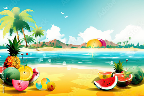 ai generated illustration of tropical island with beach and palm trees, tropical fruits.