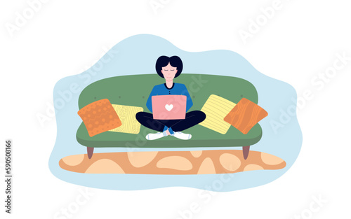Young mother sitting on sofa with laptop and baby sitting on floor. Vector illustration with new mom working at home during maternity leave