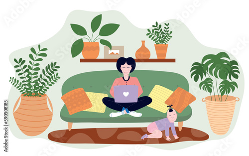 Young mother sitting on sofa with laptop and baby girl crawling on floor. Vector illustration with new mom working at home during maternity leave