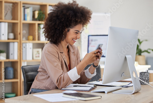 Office, phone or happy woman laughing at meme on social media or relaxing break at workplace. Smile, crazy comic content or biracial girl journalist smiling or reading a funny blog or comedy articles