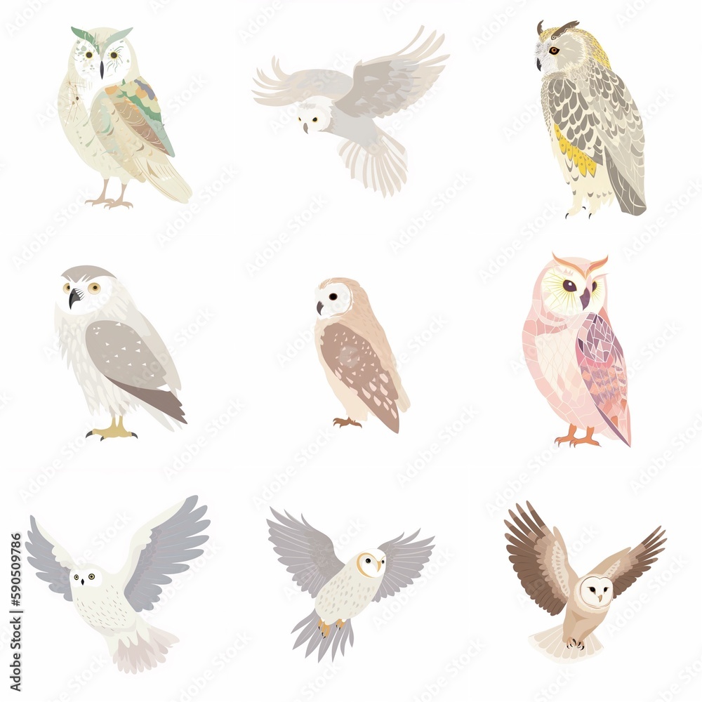 flat illustration, set of owl | Generative AI flat illustration, set of owl | Generative AI