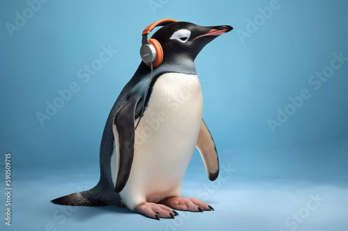 Penguin Wearing Headphones on Orange Background, Generative AI photo