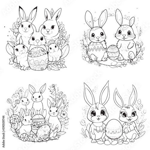 Set of cute and adorable Bunny and Easter , black and white coloring book page, cartoon art, isolated on white background