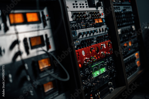 old displays of professional analog vu meters in a recording studio measuring and showing decibels