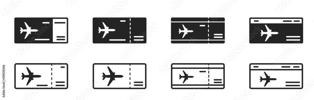 flight ticket icon set. vacation and air travel symbols. flight booking and airline services