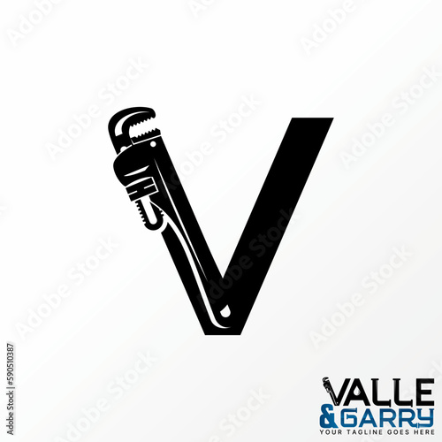 Logo design graphic concept creative abstract premium free vector stock letter V font with plumbing pipe wrench lock. Related monogram water service
