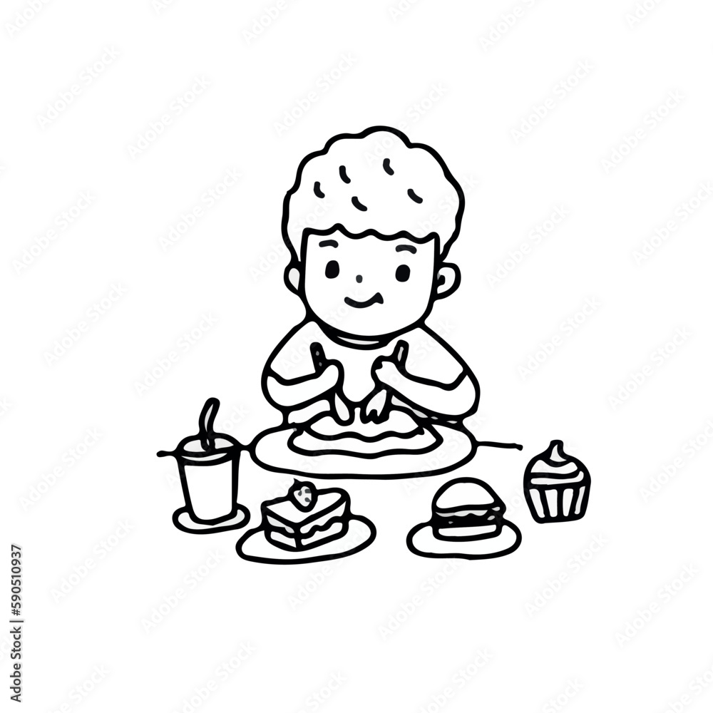 Boy love eating dessert, outline style vector illustration on white background