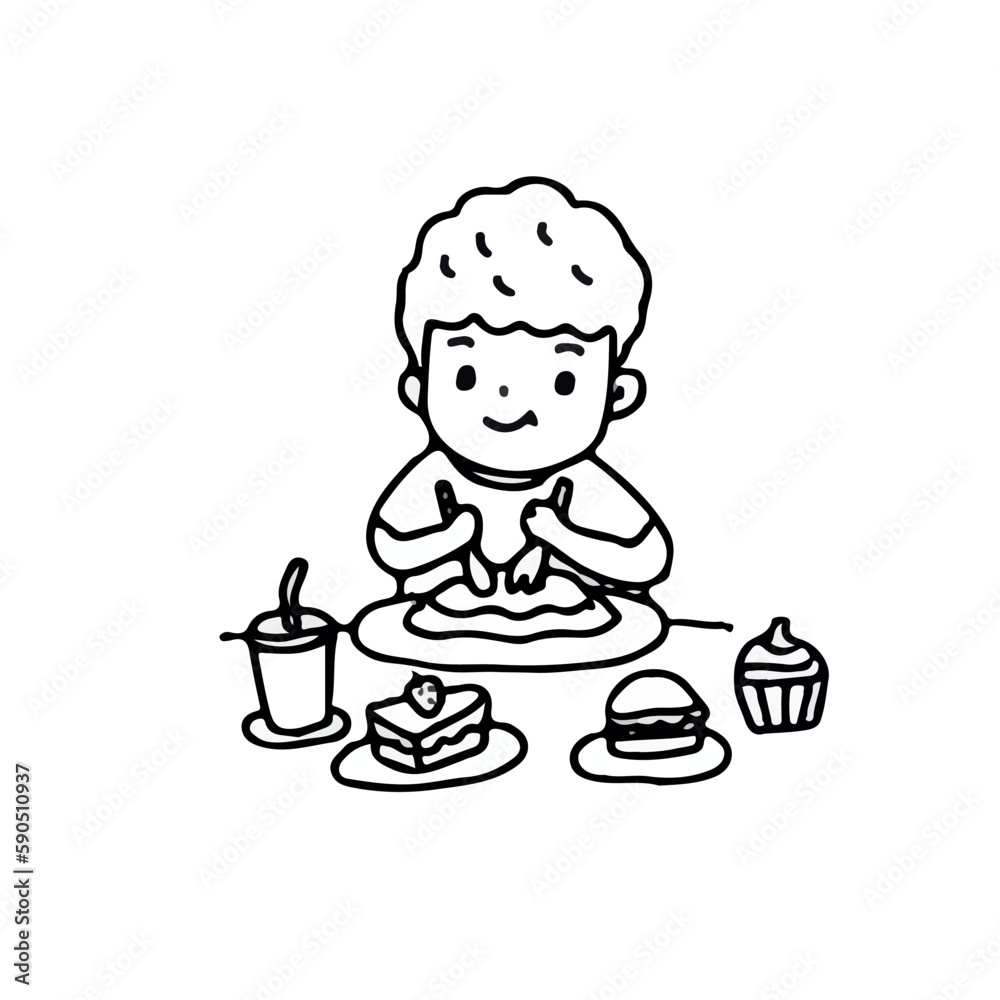 Boy love eating dessert, outline style vector illustration on white background Boy love eating dessert, outline style vector illustration on white background