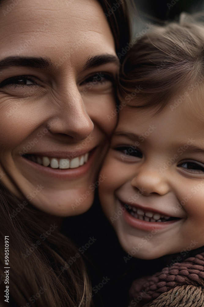 Close-up of a smiling mother and her child hugging each other, made with generative AI