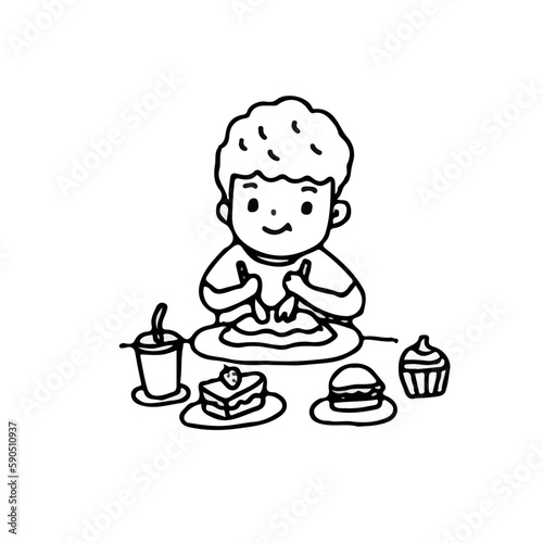 Boy love eating dessert, outline style vector illustration on white background