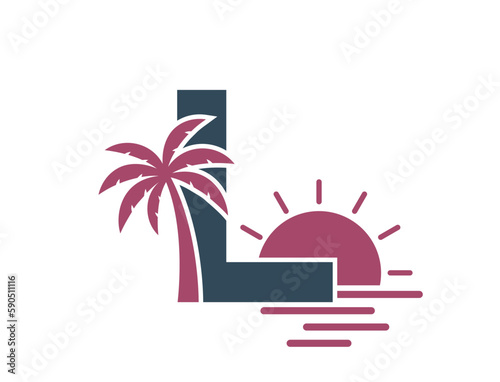 letter l with palm tree and sunset. creative vacation and resort alphabet logotype. summer and exotic tourism design