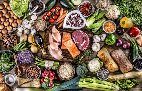 Top view of a broad variety of perfect nutrition food ingredients for healthy life