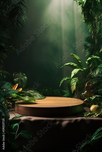 Professional photography. Empty space mockup podium. Jungle - themed. nature background, created by Generative AI tool