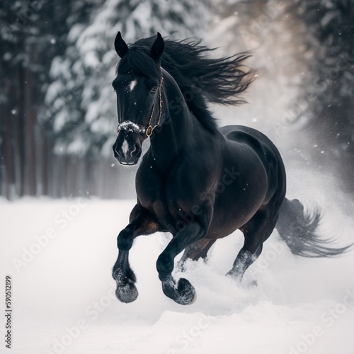 beautiful black horse in winter © AngelQ