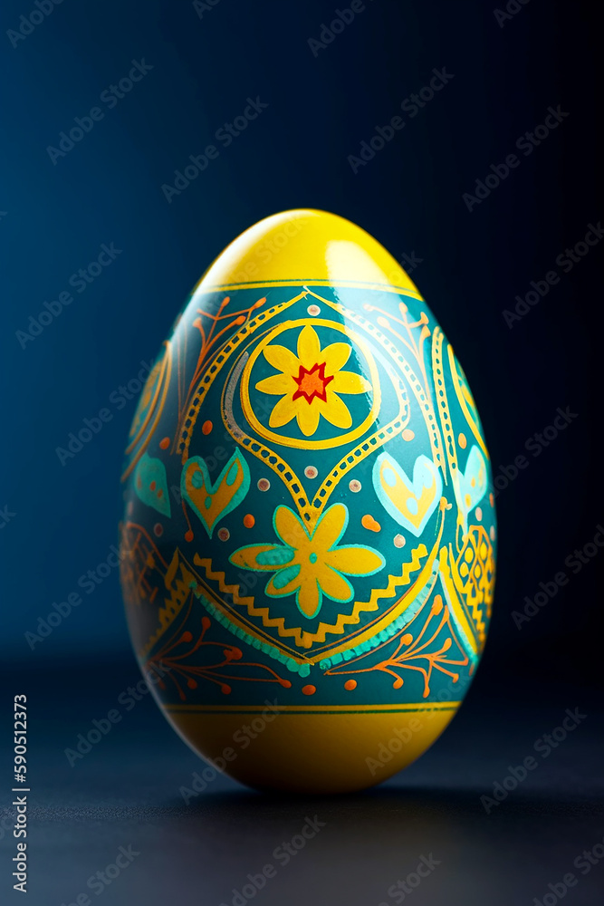 Yellow easter egg with traditional floral patterns, blue background, generative ai Yellow easter egg with traditional floral patterns, blue background, generative ai