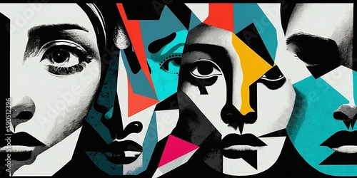 Abstract background with faces collage black and white and colours elements, psychology, stress wallpaper illustration, AI generated