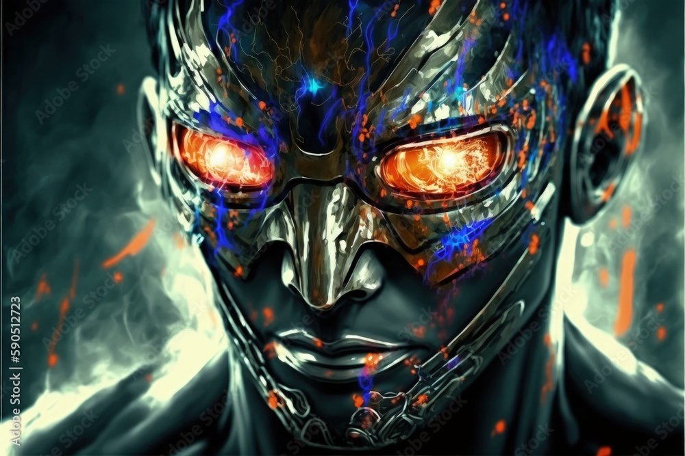 The cyborg man wearing a futuristic mask with glitch effect. Fantasy concept , Illustration painting. Generative AI The cyborg man wearing a futuristic mask with glitch effect. Fantasy concept , Illustration painting. Generative AI