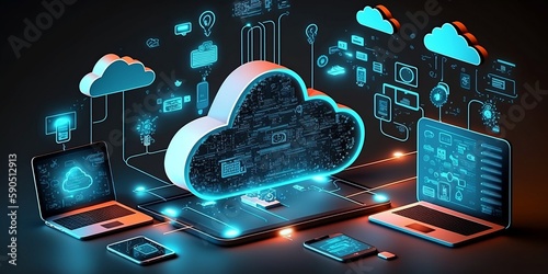Cloud technology, computing. Devices connected to digital storage in the data center via the Internet, IOT, Smart Home Communication laptop, tablet, phone home devices with an online, (Generative AI).