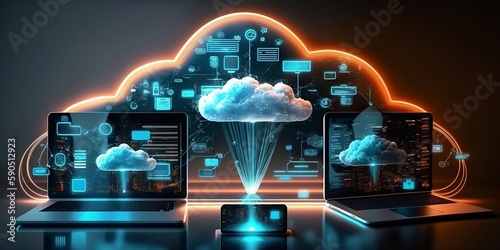 Cloud technology, computing. Devices connected to digital storage in the data center via the Internet, IOT, Smart Home Communication laptop, tablet, phone home devices with an online. (Generative AI)