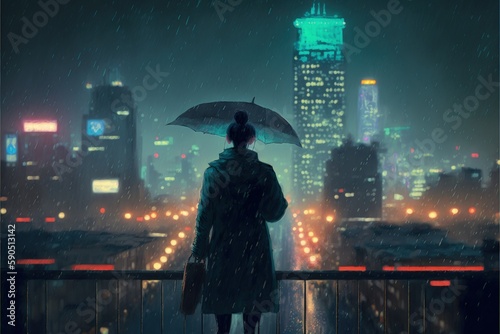Lonely woman standing with an umbrella on a rainy night in an abandoned city. Fantasy concept   Illustration painting. Generative AI