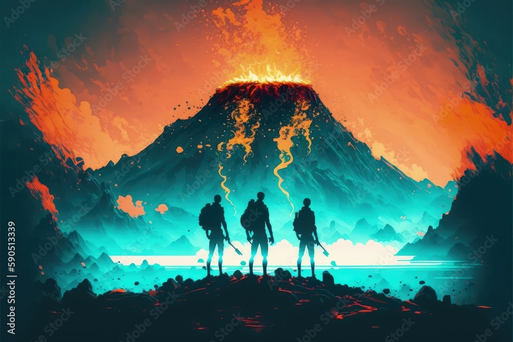 Hikers' silhouettes gazing at volcano's lava explosion and smoke from the mountain. Fantasy concept , Illustration painting. Generative AI