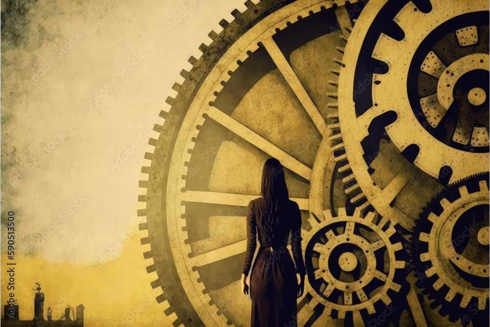 Obraz premium A young woman standing in front of large mechanical gears and cogs. Fantasy concept , Illustration painting. Generative AI