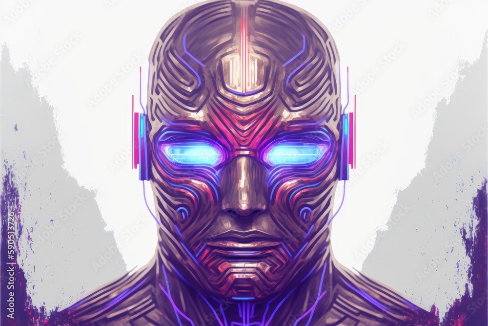 Portrait of a robotic cyborg amidst the neon-lit skyscrapers of a cyberpunk metropolis. Fantasy concept , Illustration painting. Generative AI Portrait of a robotic cyborg amidst the neon-lit skyscrapers of a cyberpunk metropolis. Fantasy concept , Illustration painting. Generative AI