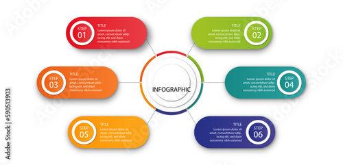 Business infographic process with circle template design with icons and 6 options or steps. Professional infographic or info chart template isolated on white background with multiple colors	
