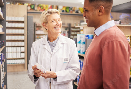 Man shopping, medicine or happy pharmacist in pharmacy for retail healthcare information with a smile. Trust, woman or senior doctor helping a customer with medication advice, pills or medical drugs