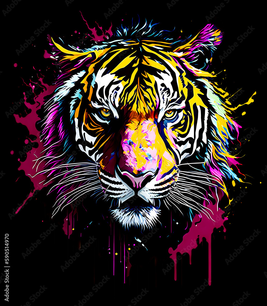 abstract image of a tiger's head in bright multi-coloured colours.  AI generated
