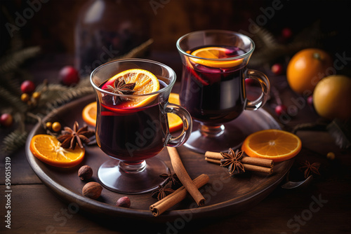 Two cups of autumn mulled wine or gluhwein with spices and orange slices on rustic table top view. Traditional drink on autumn holiday