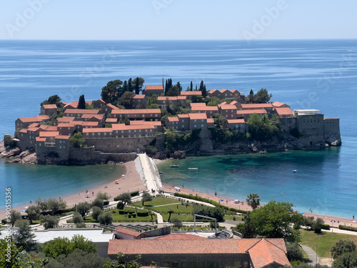 Beach on the isthmus to the island of Sveti Stefan. Montenegro photo